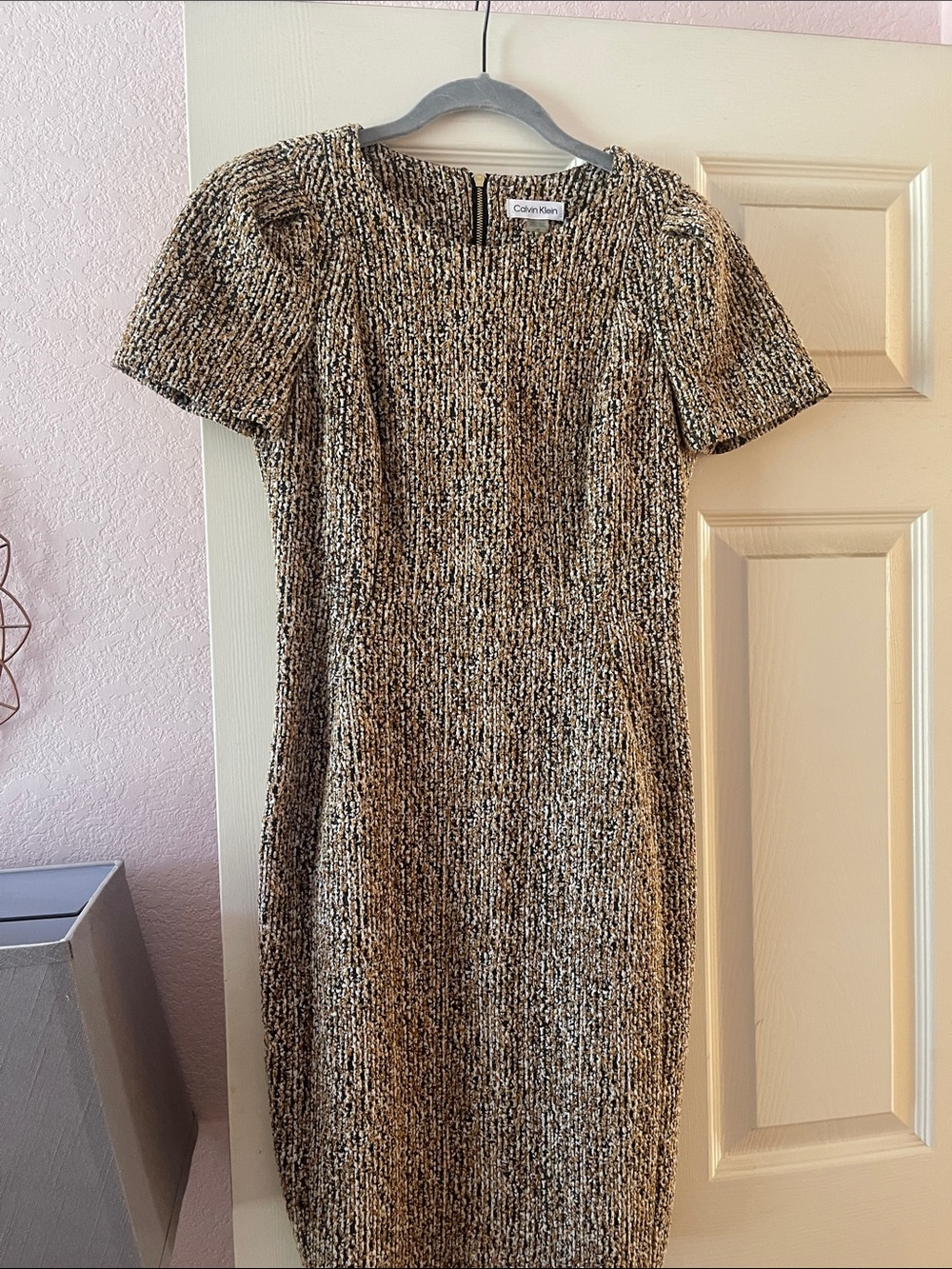 Calvin Klein Tan and Black Textured Knit Sheath Dress